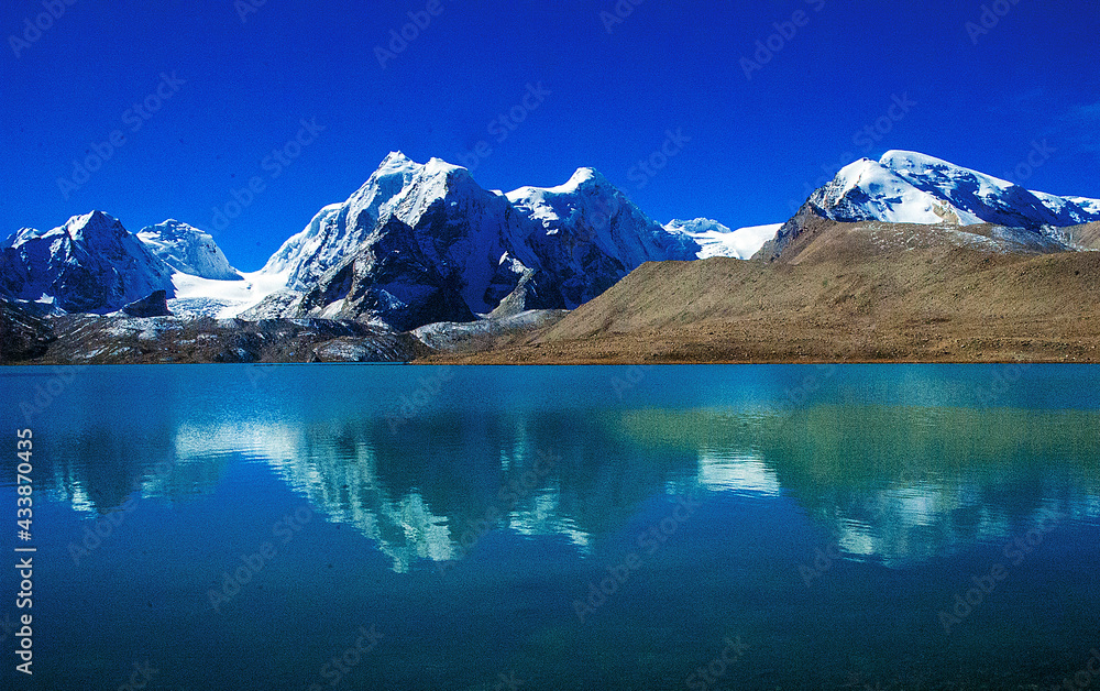 Gurudongmar Lake, Sikkim, India and it's way from Lachen, North Sikkim. A holy lake never fully freezes. It is said that Goutam Buddha drinks water from this lake.