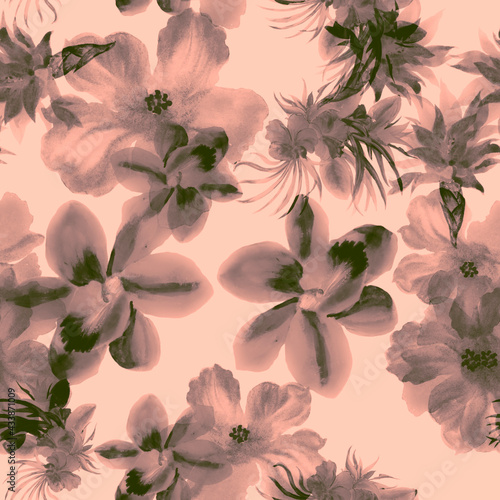 Wallpaper Mural Gray Hibiscus Print. Coral Watercolor Palm. Pink Seamless Illustration. Flower Wallpaper Pattern Plant. Tropical Leaf. Summer Print. Isolated Texture. Torontodigital.ca