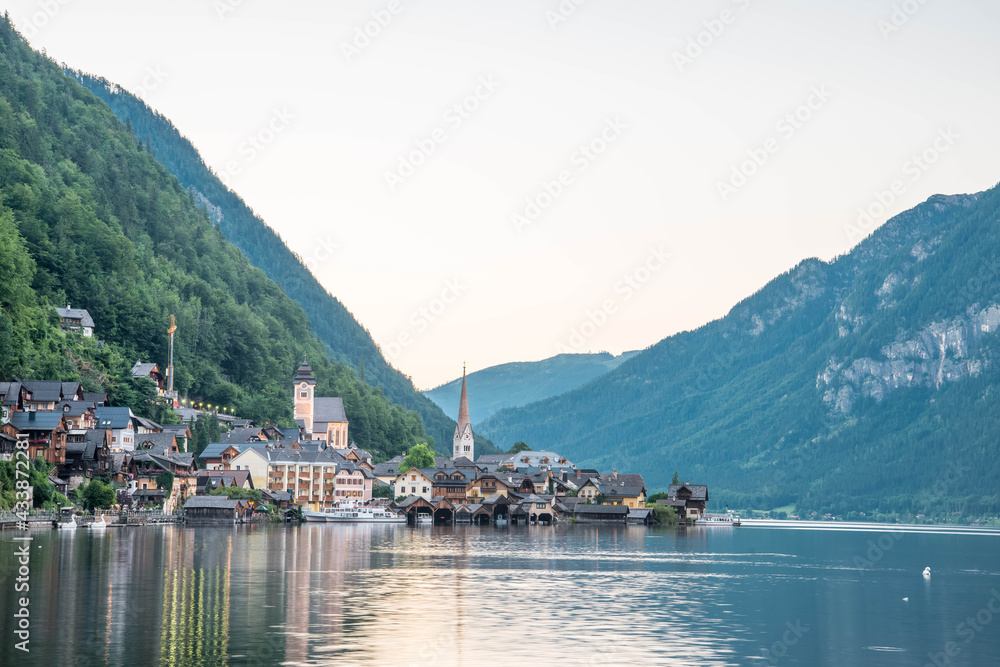 Great views of the lake and Hallstatter and Hallstatt Lutheran Church. Picturesque and gorgeous scene. Location famous place , Austria, region of Salzkammergut, Europe. Beauty world.