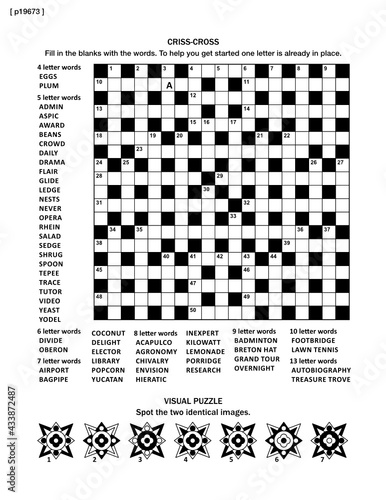 Puzzle page with two puzzles: 19x19 criss-cross word game (English language) and visual puzzle with whimsical shapes. Black and white, A4 or letter sized. Answers are on separate file named p19674.
