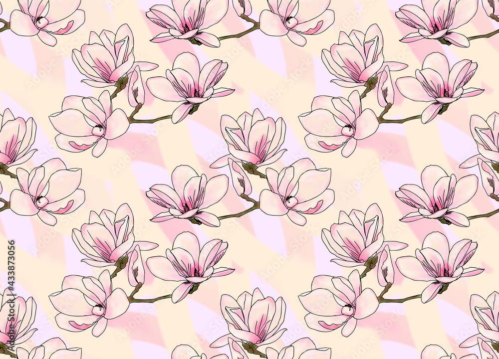 Blooming magnolia. Branches with flowers. Seamless background. Material for printing on paper or fabric. Blooming magnolia. Branches with flowers. Seamless background. Material for printing on paper or fabric.