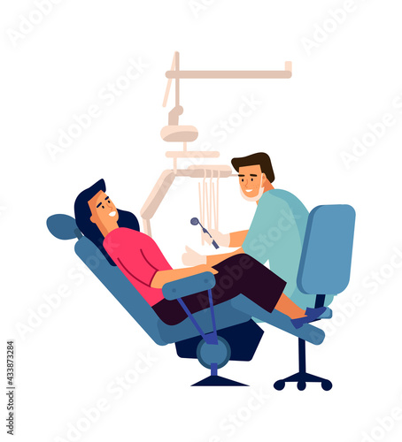 Dentist examining patient. Woman in dental clinic. Doctor in uniform holding instruments and preparing equipment. Female sitting in armchair. Tooth care and medicine. Vector dentistry