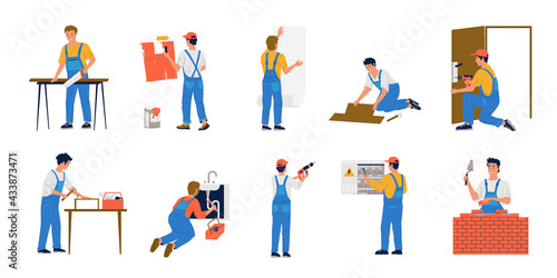Home repair workers. House maintenance. Construction brigade make renovation. Painter glues wallpaper and workman builds brick wall. Plumber works with sewerage. Vector repairmen set