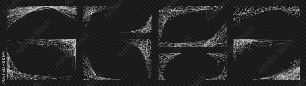 Spider web. Cobweb scary frames. Realistic arachnid net borders. Spooky Halloween background. Isolated gothic decorative elements set. Vector sticky tangled lines hanging in corners