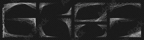 Obraz Spider web. Cobweb scary frames. Realistic arachnid net borders. Spooky Halloween background. Isolated gothic decorative elements set. Vector sticky tangled lines hanging in corners