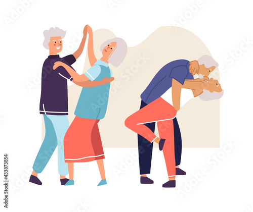 Elderly couples dancing. Senior people activities. Aged dancers spend time together. Happy pensioners. Entertainment clubs or courses for retired persons. Vector choreography lessons