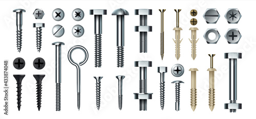 Bolt and screw. Realistic metal fasteners with nuts. 3D hardware assortment. Top and side view of different steel nail types. Tools for building and repairs. Vector self-tapping set photo