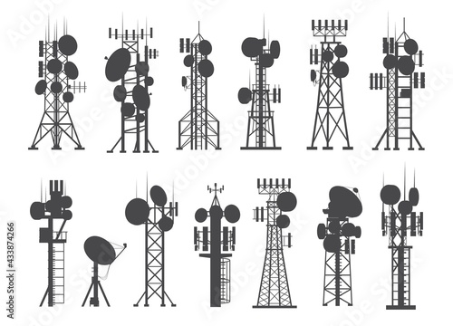 Antenna silhouettes. Cellular towers. Constructions set for broadcasting digital signals. Internet or radio communication receivers. Vector wireless analog data transmission equipment