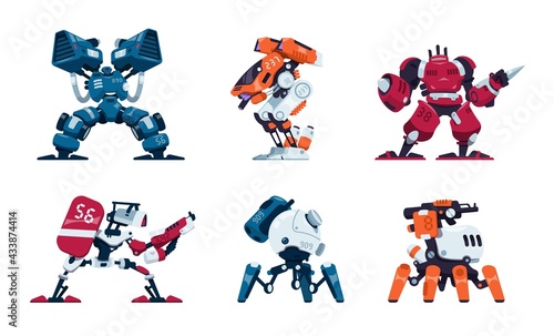 War robots. Cartoon battle machine, super hero in futuristic exoskeleton. Military drones. Scientific innovation weapon technology. Armor concept. Game asset. Vector power suit set