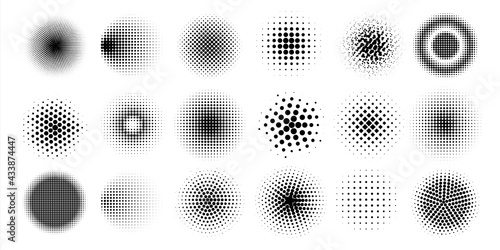 Halftone circles. Abstract comic pop art graphic elements. Dots shapes with shadow gradient effects. Web painter brush templates. Black spray spots. Vector geometric minimal forms set