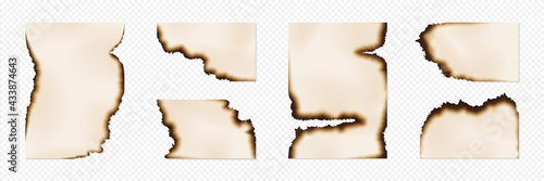 Burn paper. Realistic page corners and edges with brown ashes on transparent background. Fire-damaged documents set. Scorched borders of old pages. Vector empty notes with burnt effect