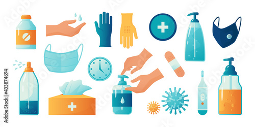Hand disinfection. Alcohol sanitizer spray and gel. Covid-19 prevention. Protective mask or latex gloves. Bottles with soap for washing arms. Antibacterial antiseptic. Vector PPE set