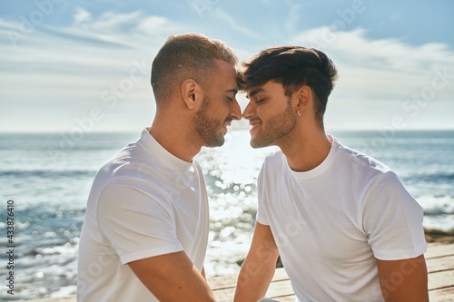 Romantic gay couple at the beach.