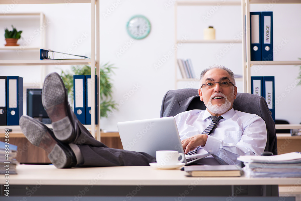 Old male employee working in the office Old male employee working in the office