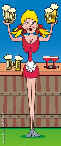 waitress and beer, one woman hold glassfuls, funny vector illustration