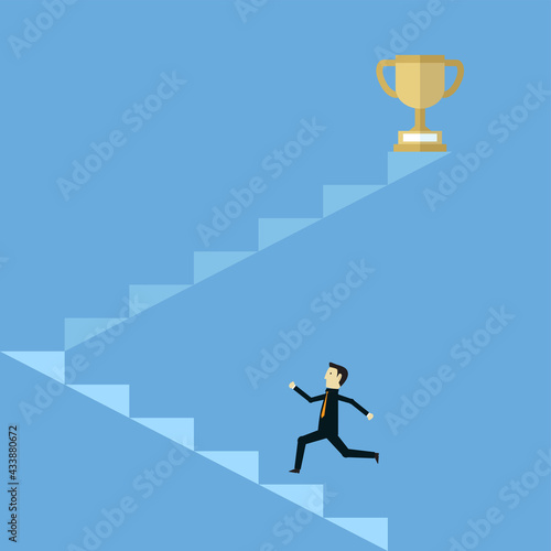 Businessman running up ladder to receive a trophy of success