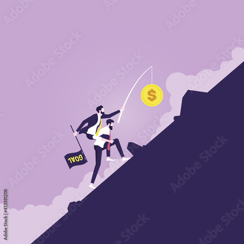 Pursuit of Money-Business vector concept, Businessman carrying manager up hill to goal representing earning incentives