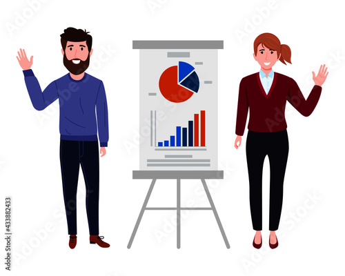 Cute young businessman and businesswoman character wearing beautiful business outfit standing with sales presentation board and posing pointing isolated