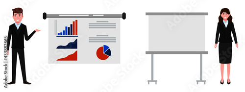 Cute young businessman and businesswoman character wearing beautiful business outfit standing with blank and sales presentation board and waving pointing  isolated