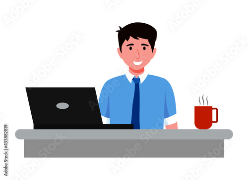 Young beautiful businessman character setting on desk with laptop plant coffee and posing