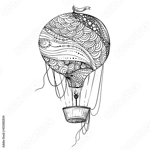 Hand drawn sketch black and white coloring book of vintage air balloon, wave, doodle pattern. Vector illustration. Engraved style.