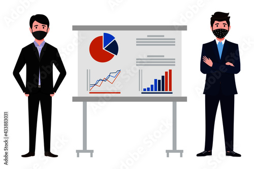 Cute young businessman characters wearing beautiful business outfit and facial fabric mask standing with sales presentation board and posing waving isolated