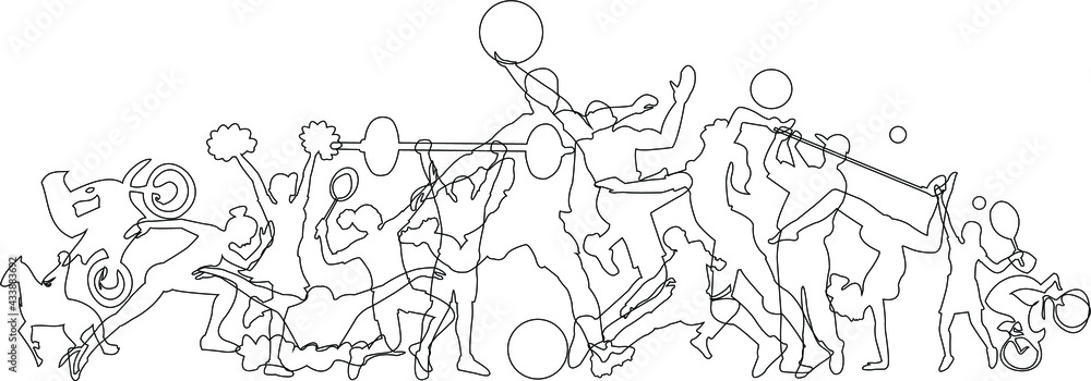 Line drawing of Sports Background. Running, Football, Basketball, Cheerleader, Taekwondo, Volleyball, Badminton, Golf, Tennis, Weightlifting, Yoga, Racing, Bicycle, Swimming. Vector illustration.