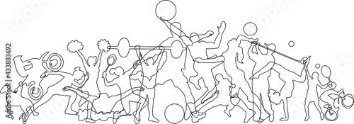 Line drawing of Sports Background. Running  Football  Basketball  Cheerleader  Taekwondo  Volleyball  Badminton  Golf  Tennis  Weightlifting  Yoga  Racing  Bicycle  Swimming. Vector illustration.