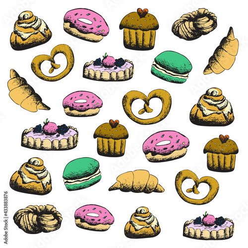 Raster color bakery draw jpg pattern. Pastry print. Set desserts. Bun, muffin, cake, macaroon, croissant, donut. Universal food design template for gift interior poster, card, textiles photo