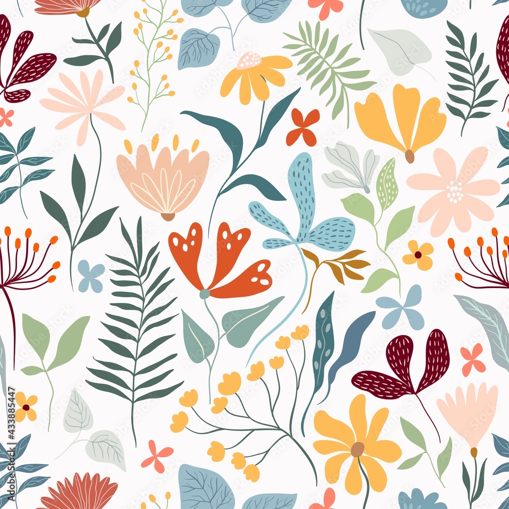 Foto auf Acrylglas mit Florales dekoratives nahtloses Muster mit verschiedenen Blumen und Pflanzen, Sommerdesign, weißer Hintergrund #433885447
