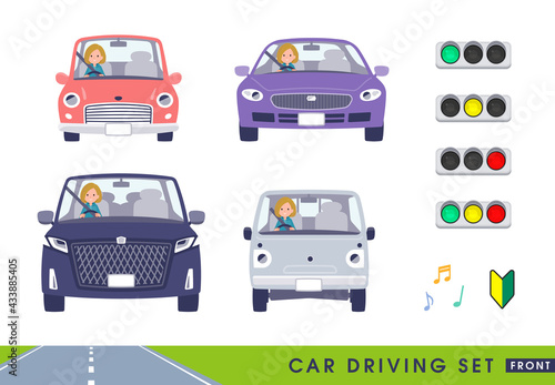 車を運転するパーカーを着た女性のセット。正面向き