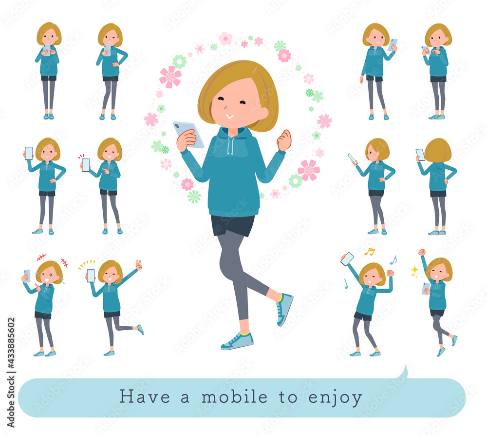 スマホを使って楽しむパーカーを着た女性のセット スマホを使って楽しむパーカーを着た女性のセット