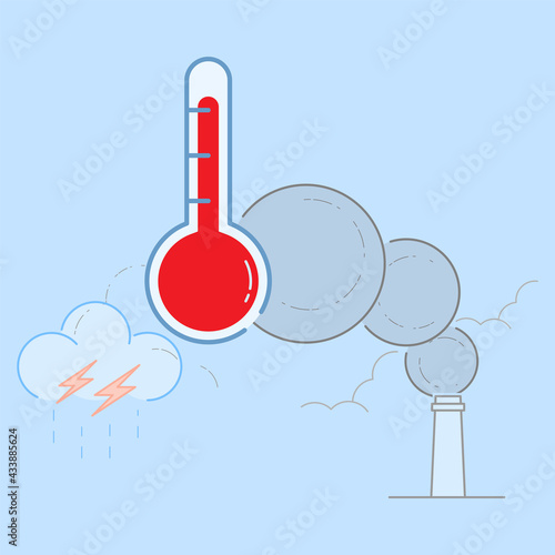 Too much CO2 emission in atmosphere cause global warming and climate change. Vector illustration outline flat design style.