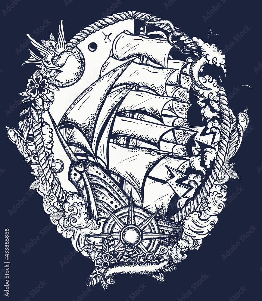 Pirate Ship Goes By Storm In Dark Background T Shirt Design Art Old School Tattoo Sail