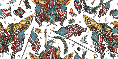 USA seamless pattern. Patriotic eagle and flag. American history and culture background. United States of America concept. Old school tattoo style