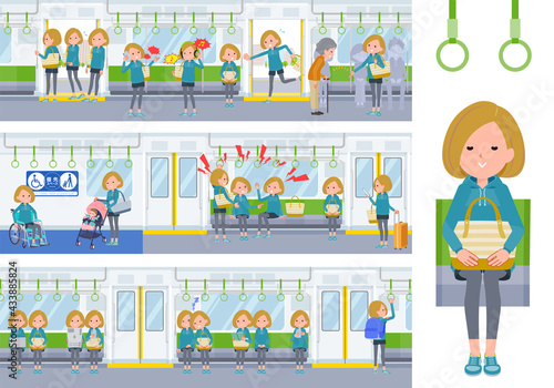 電車に乗るパーカーを着た女性のセット