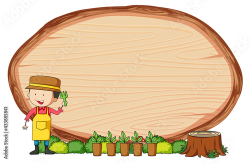 Blank wooden board in oval shape with kids doodle cartoon character