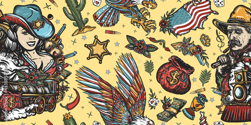 Wild West seamless pattern. Western background. Cowboy girl, digger, eagle, train and USA map. American history background. Old school tattoo style