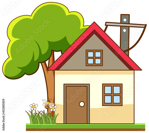 Front of a little house with many tree isolated on white background