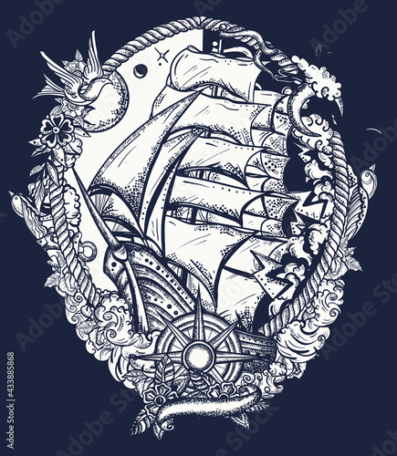 Pirate ship goes by storm in dark background. T-shirt design art. Old school tattoo. Sail boat and sea hurricane. Symbol of light and darkness, life and death, hope and despair, joy and grief