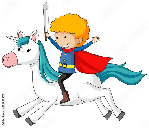 Simple cartoon character of a prince riding a unicorn isolated