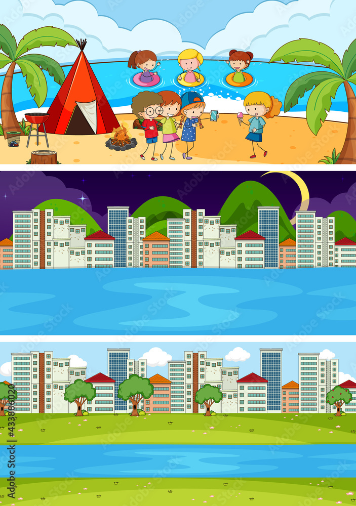 Set of different horizon scenes background with doodle kids cartoon character Set of different horizon scenes background with doodle kids cartoon character