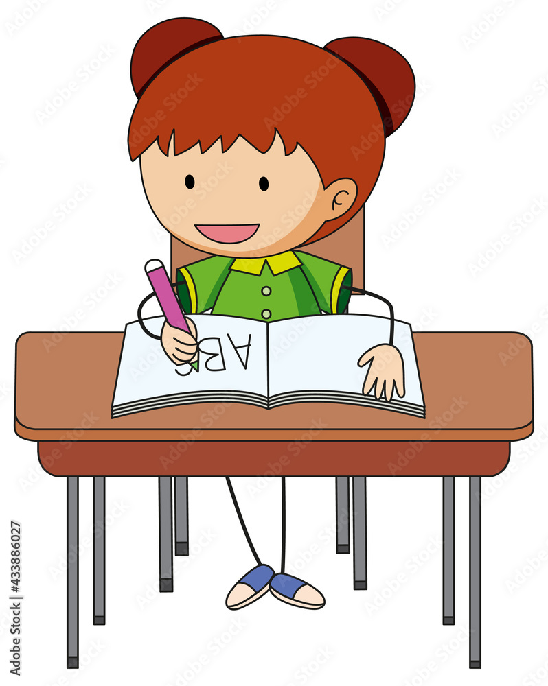 A girl doing homework doodle cartoon character A girl doing homework doodle cartoon character
