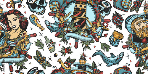 Sea adventure seamless pattern. Old school tattoo background. Old captain, lighthouse and sailor girl pin up style. Nautical art