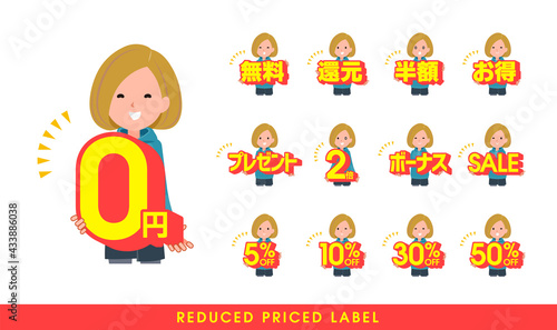 お得な表記を持つパーカーを着た女性のセット。日本語。編集が容易なベクターアートです。