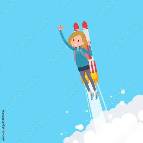 ロケットジェットで飛び立つパーカーを着た女性のセット