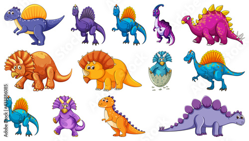 Different dinosaurs cartoon character and fantasy dragons isolated