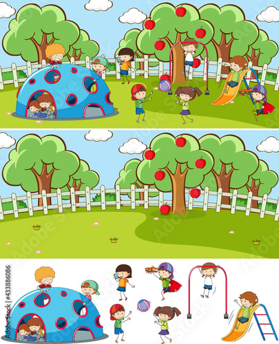 Playground scene set with many kids doodle cartoon character isolated