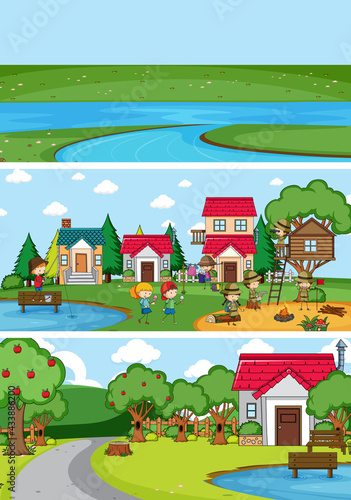 Set of different horizon scenes background with doodle kids cartoon character