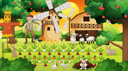 Farm scene at sunset with old farmer man and cute animals